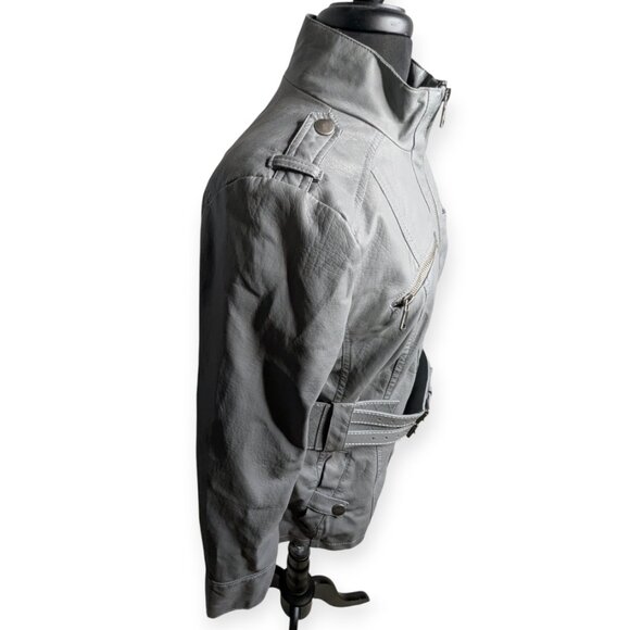 Last Kiss Faux Leather Chic Light Gray Belted Jacket Women's Size Large - Picture 6 of 14